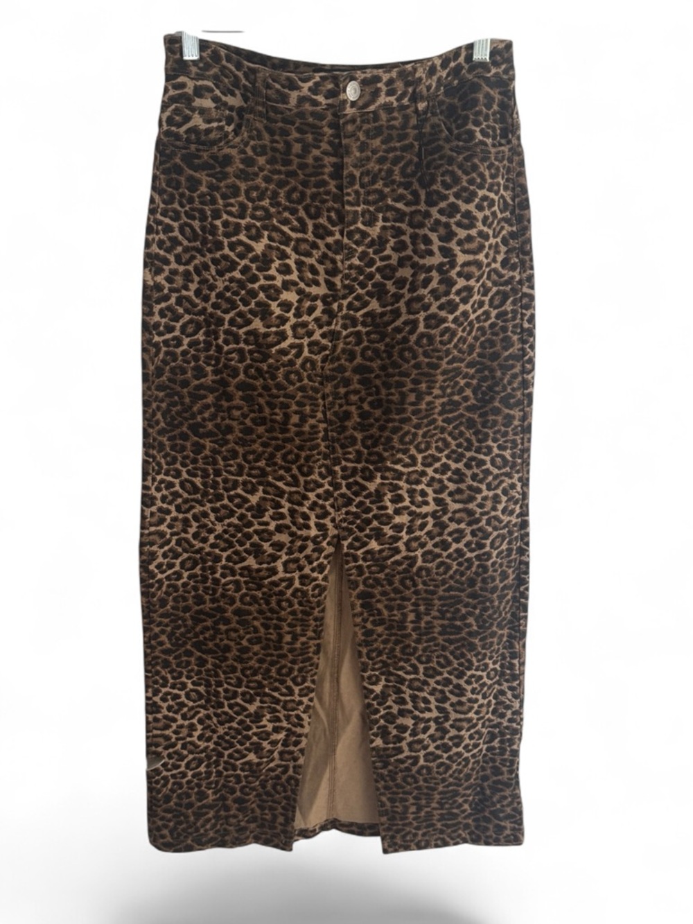 Leopard Print Midi Skirt with Front Slit - Brown - Picture 2 of 4